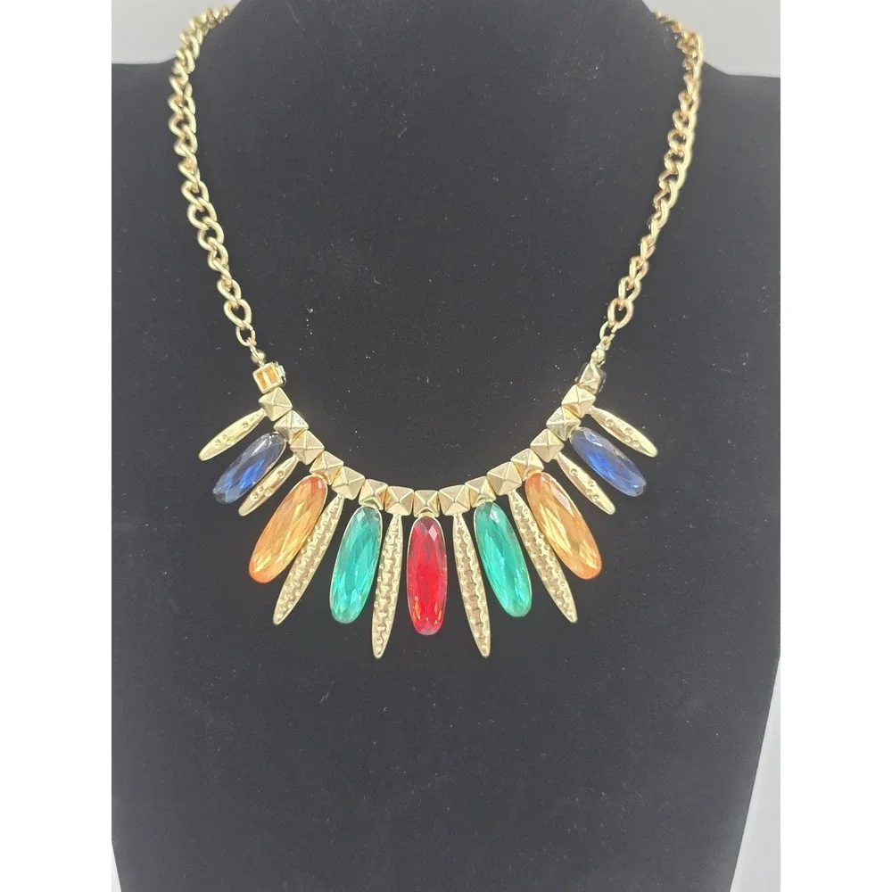 Gold Tone Multi-Color Gemstone Bib Statement‎ Necklace Fashion Jewelry